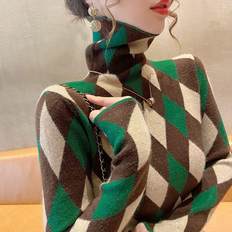 Свитер с высоким воротом, женский пуловер, осень и зима, винтажная ромбовидная сетка, новая модная утягивающая базовая рубашка, женский топ