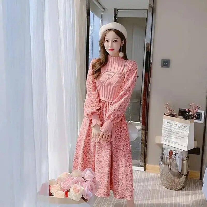 Women's Knitted Dress Autumn Winter Long Sleeve Corduroy Floral Dress Female Elegant Sweater A-line Long Veatidos Belt