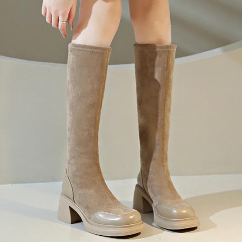 Распродажа женской обуви 2024 года, новые женские сапоги без застежек, зимние сапоги с круглым носком, однотонные, флоковые, теплые, на платформе, водонепроницаемые, модные, высокие сапоги