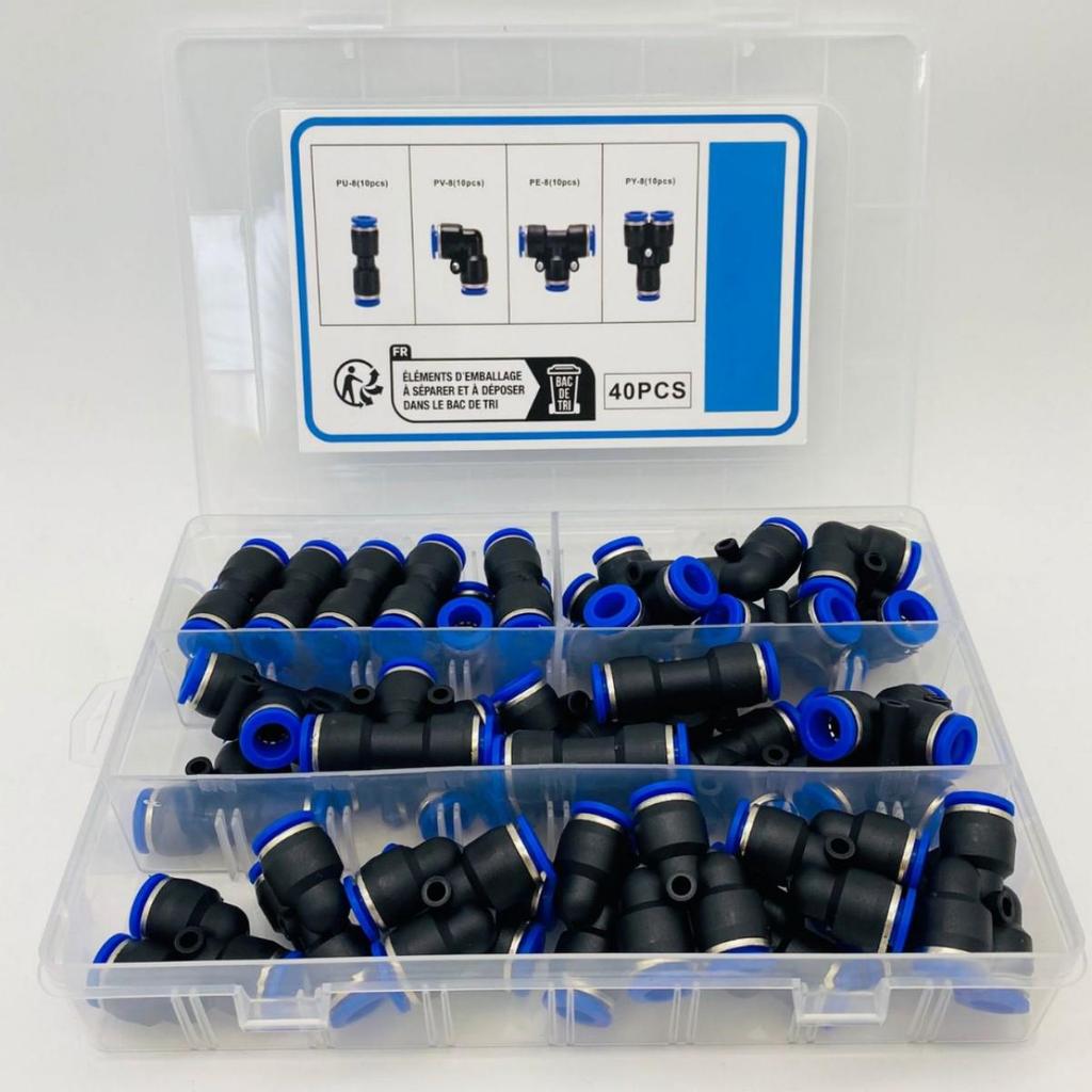40-Piece 8mm Pneumatic Quick Connector Set: Includes 10 Distributors, 10 Elbows, 10 Straight, and 10 Tees