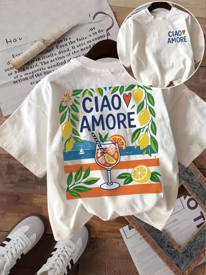 Ciao Amore Italian Graphic Printed Women's T-shirt Summer Mediterranean Vacation Lemon Print Tee Retro Aesthetic Harajuku Top