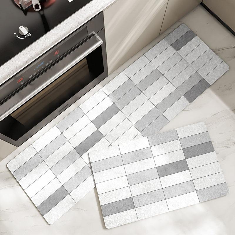 1pcs Waterproof Kitchen Carpet for Floor Oilproof PVC Plaid Kitchen Rug Anti Slip PU Leather Floor Mat Doormat Long Tapete Gray