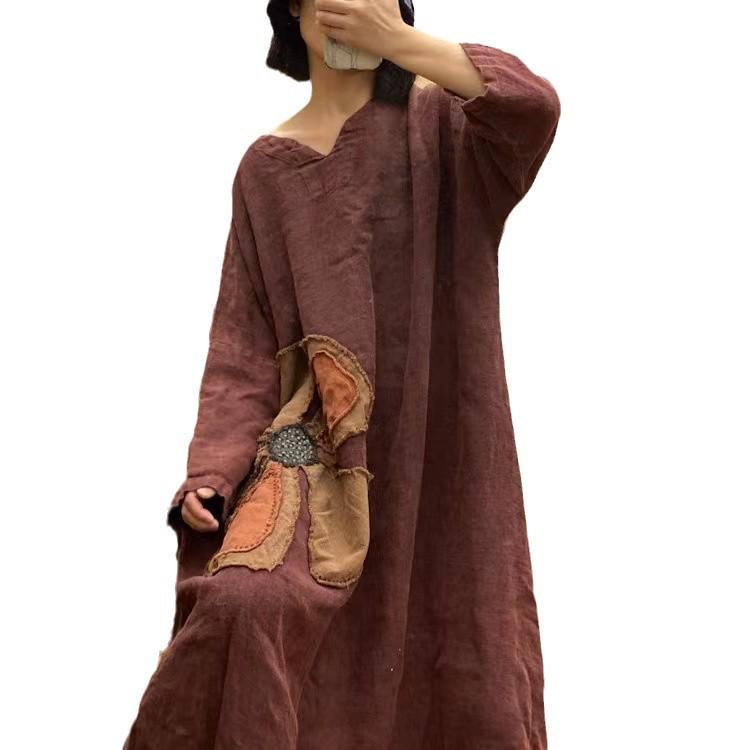 Винтажное красное свободное льняное платье с вышивкой в виде снежинок в стиле дзен (1998)