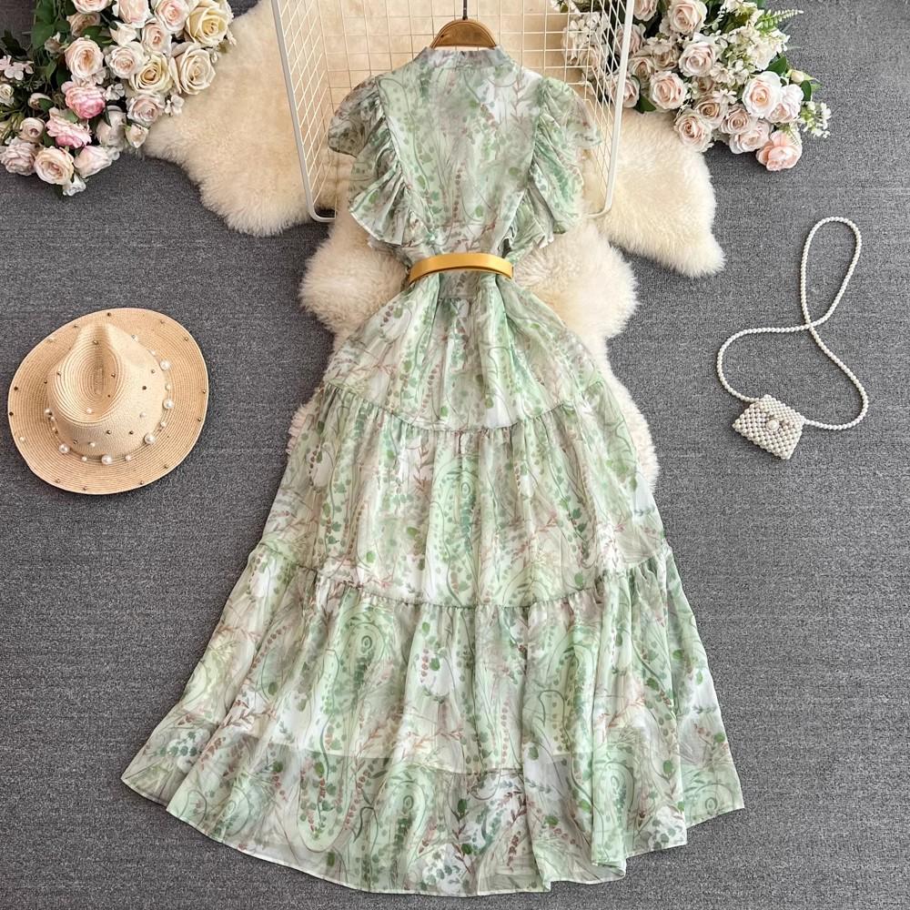 Summer Elegant Flower Chiffon Long Maxi Beach Holiday Dress Women's Butterfly Sleeve O Neck Single-Breasted Belt Floral Print Party Robe