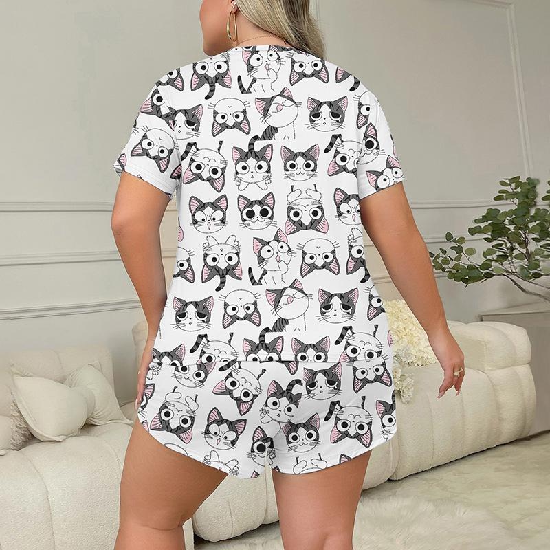 Летние большие размеры 3XL 4XL 5XL с короткими рукавами и шорты пижамный комплект повседневный свободный мультяшный принт белый пижама для женщин комплект одежды для сна домашняя одежда