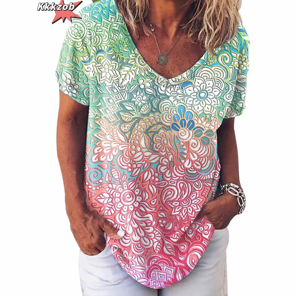 Винтажный топ с принтом, женская уличная одежда с короткими рукавами, летняя футболка, женская модная повседневная футболка с v-образным вырезом, женская одежда большого размера Y2k