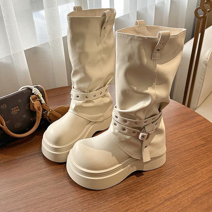 Сексуальные ботфорты на платформе и толстом каблуке, женские ботинки-трубы, модная обувь с ремешками и пряжками, женские панк-ботильоны до середины икры, De Muje