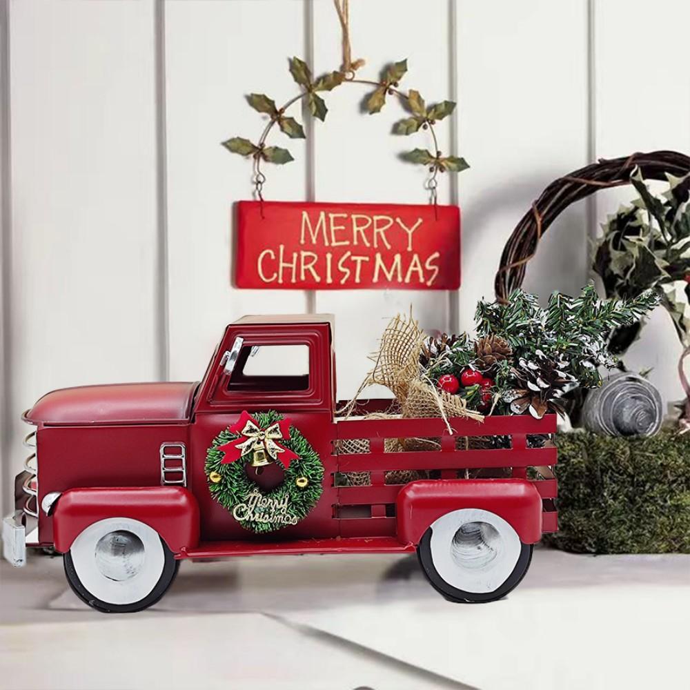 Vintage Christmas Red Truck Decoration, Warm White Twinkling Lights, Country Farmhouse Pickup Truck, Truck with Christmas Tree