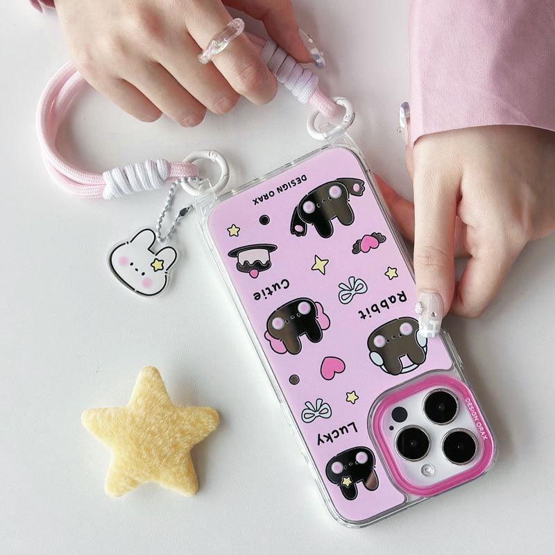 Зеркальный чехол для телефона Zhitai со шнурком для iPhone 13/14/15 Pro Max - мультяшный дизайн