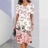 Women's Fashion Dress Round Neck Short Sleeve Elegant Knee Length Dress Flower Print Dress Summer Casual PartyFit Dress