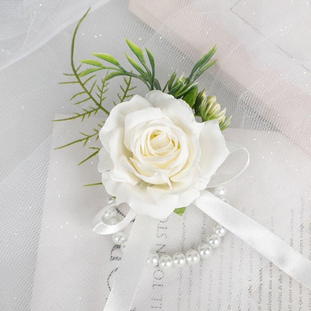 Pearl Bridegroom-bride Corsage Simulation Flower Rose Corsage Elegant Pearl Wrist Flower  Prom