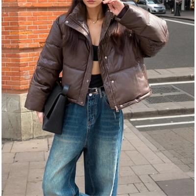Женская мода зимние кожаные пальто с воротником-стойкой и длинным рукавом короткие стеганые куртки женские парки шикарный теплый наряд