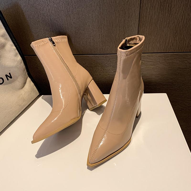 Осенние женские туфли на каблуке Зимние ботильоны на толстом каблуке из бархата для женщин Повседневные женские ботинки челси на высоком каблуке