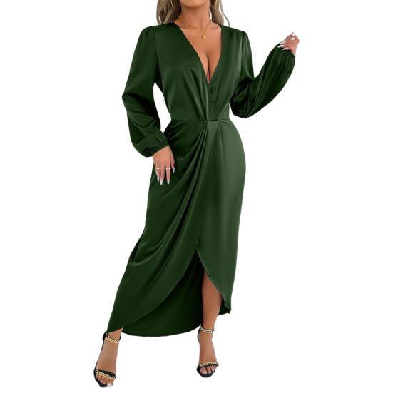 Женское атласное платье-запа́х длинное с V-образным вырезом, длинным рукавом, макси, с высоким разрезом, вечернее платье для вечеринки, коктейльное платье