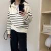 Pullover Female Versatile Design Sense Autumn Glutinous Contrast Loose Cover Flesh Stripe Knit Pullover Sweater Female Top