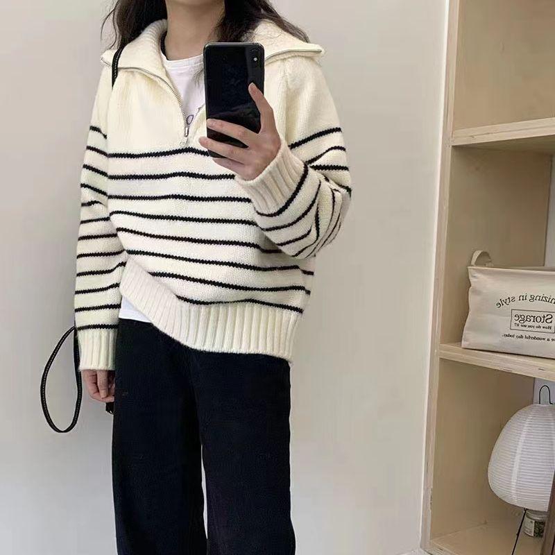 Pullover Female Versatile Design Sense Autumn Glutinous Contrast Loose Cover Flesh Stripe Knit Pullover Sweater Female Top
