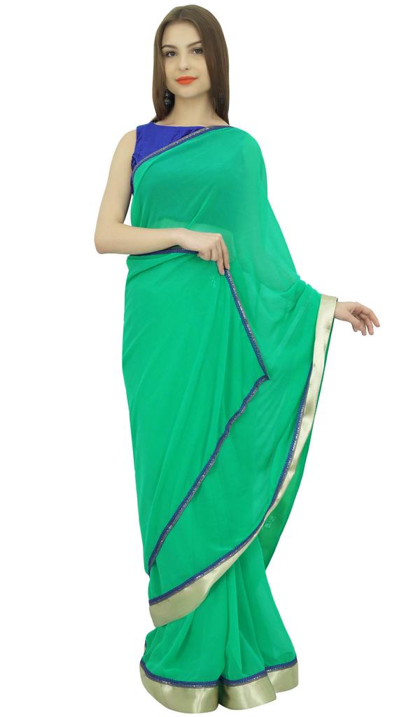 Atasi Ethnic Sea Green Women's Georgette Saree With Unstitched Blouse Piece