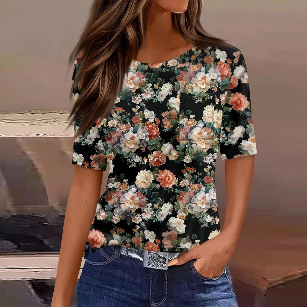 T-Shirts für Damen, Rundhalsausschnitt, elegante, lässige Blusen, bedruckt, kurzärmelig, Sommeroberteile, lockere Passform