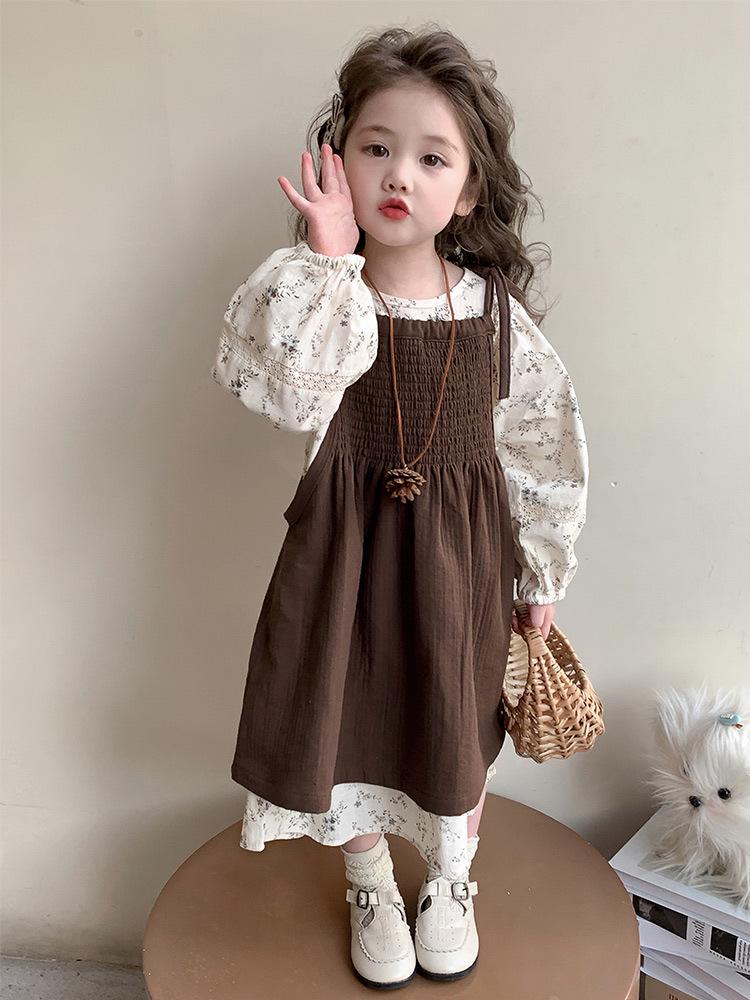 Комплект платья принцессы с цветочным принтом для девочек на весну и осень 2025 года