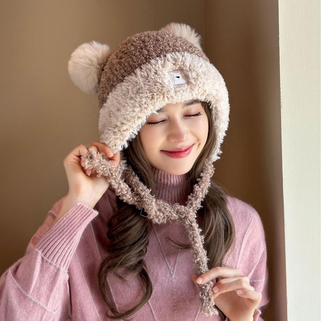 Cute Little Bear Plus Velvet Hat for Women In Autumn and Winter New Korean Style Knitted Hat Versatile Warm Ear Protection Fashion Wool Hat