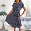 Spring Summer Women Short Sleeve Floral Pleated High Waist A Line Long Dress S-XL