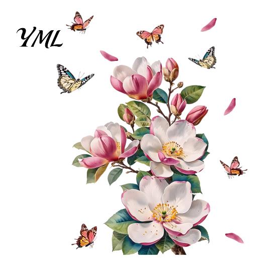 Peel And Stick Flower Decals Magnolia Butterfly Wall Decal, Self Adhesive Waterproof Home Decor Sticker for Floral Bedroom Living Room Bedroom,