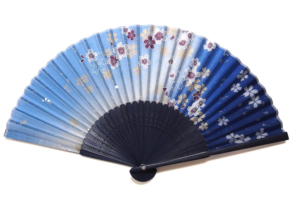 Asahio Handmade Silk Folding Fan for 21cm X 30 Flowing Cherry Blossom Blue Product 121050 Women, Ken, Design, (with Glitter), Number
