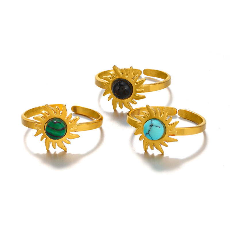 Classic Stainless Steel Sun Flowers Inlay Stone Rings for Women Men Vintage No Fading Opening Rings Banquet Jewelry Accessories