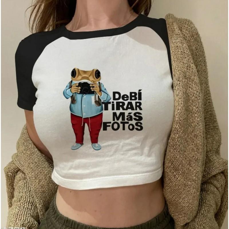2026 Y2K Retro Crop Top Womens Short Sleeve T-Shirt Loose Fit Round Neck Casual Streetwear