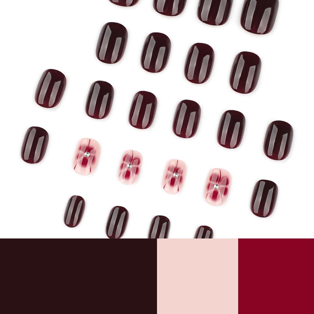 Короткие накладные ногти с цветами из винно-красных страз - Осенне-зимний дизайн