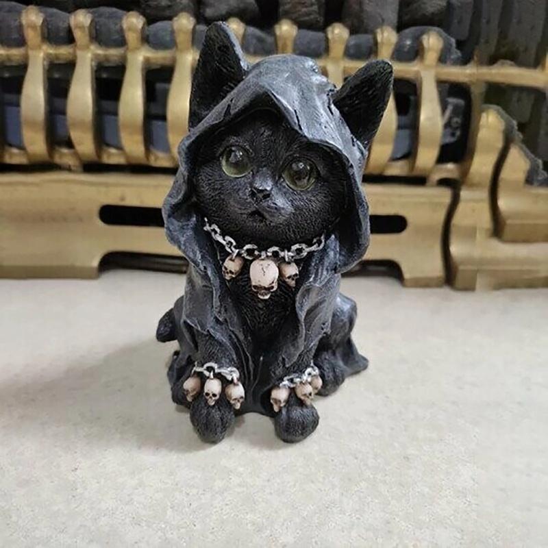 New Cat Statue Witch Grim Reaper Decorative Resin Black Cloak Grim Reaper Feline Micro Decor Garden Home Office