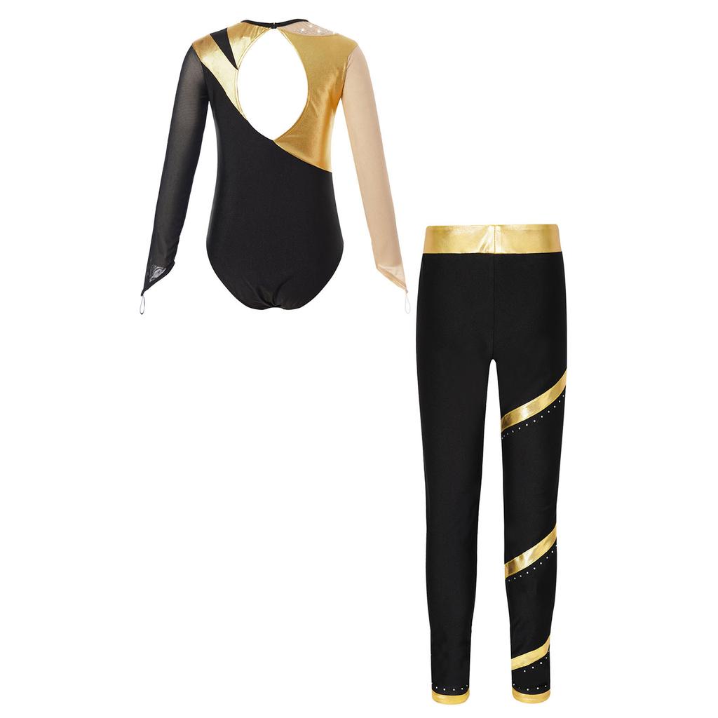 Girls Sparkle Rhinestone Performance Set Cutout Back Long Sleeve Leotard Elastic Waist Pants Dance Outfit