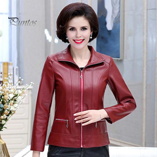 Mid-aged Women Jacket Faux Leather Smooth Surface Turn-down Collar Zip-up Zipper Pockets Long Sleeves Retro Motorcycle Coat Plus Size Travel Outerwear