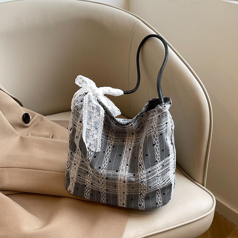 Летняя сумка-ведро Niche Plaid Underarm Bag Осенняя мода Портативная сумка-ведро Кружевная изысканная сумка-ведро через плечо