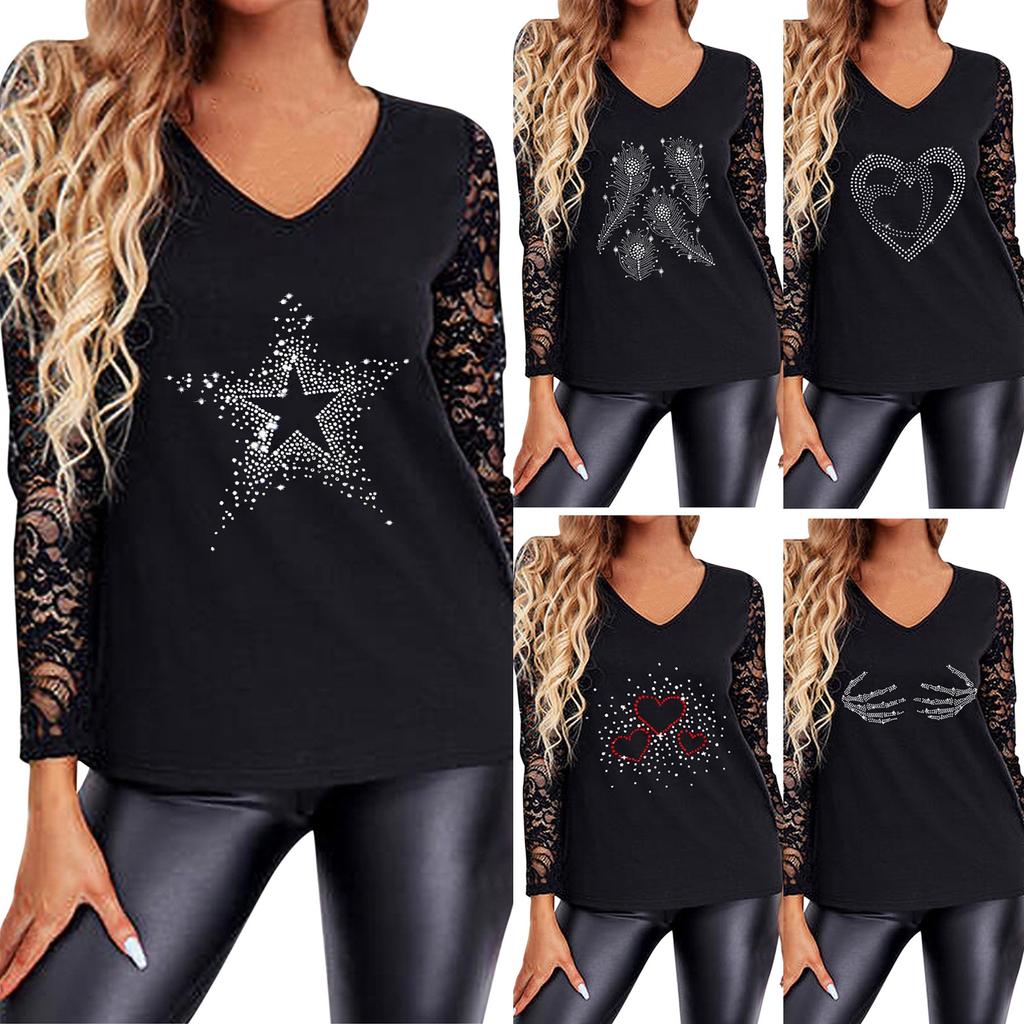 Женская сексуальная футболка с длинным рукавом и v-образным вырезом, кружевная модная футболка с принтом, пуловер, топы, блузка