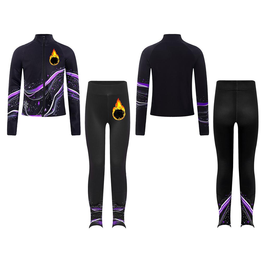 Kids Figure Skating Jacket Set Stand Collar Long Sleeve Printed with Leggings for Workout