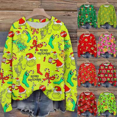 Пуловеры с длинным рукавом для женщин, с круглым вырезом, повседневные, милые, с принтом, вязаные, оверсайз