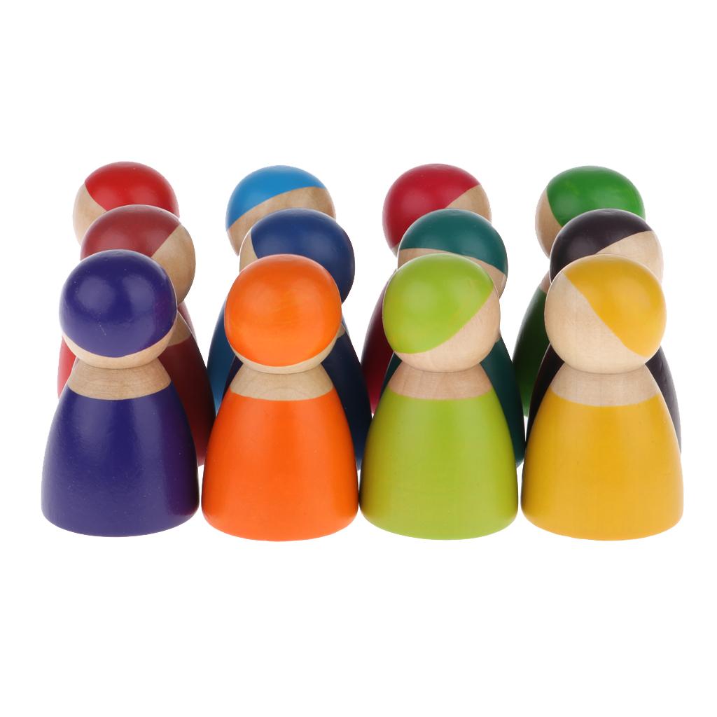 12 Pieces Rainbow Wooden Peg Dolls People Figures Doll for Toddlers Kids, Parent-children