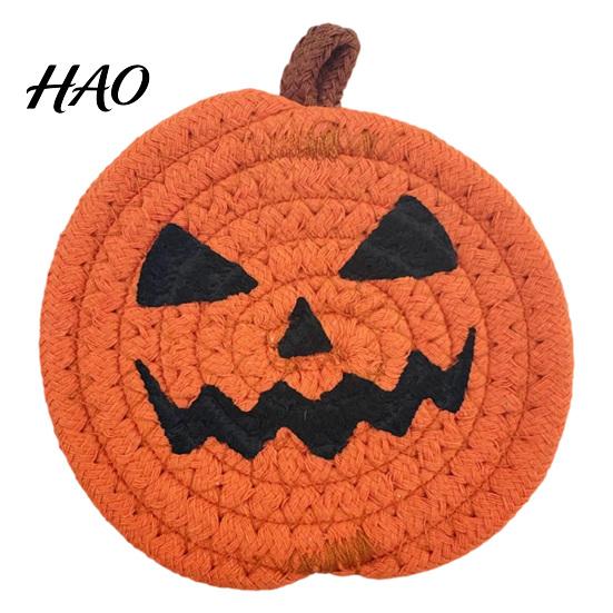 Pumpkin Shaped Kitchen Mats Halloween Cotton Rope Coaster, Handwoven Placemat with Funny Face, Iron Woven Table Protectors Craft Mat for Mug