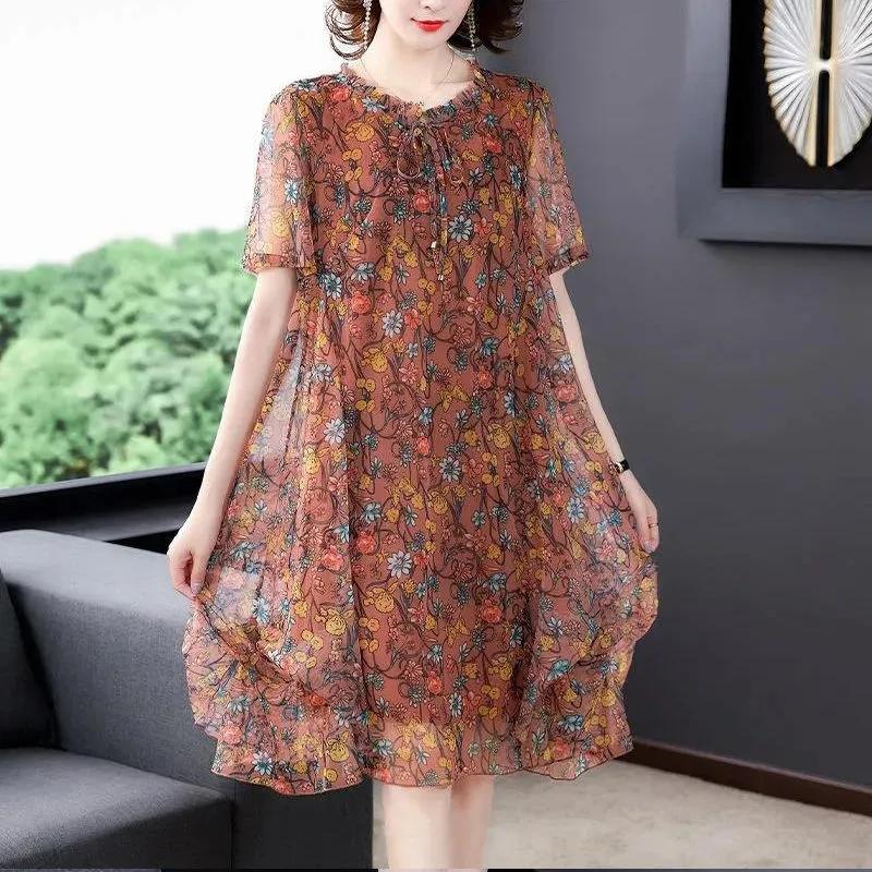 Summer Mother Dress Fashion Short Sleeve Floral Print A-line Dress Large Size Middle-aged Women's Gauze Dresses