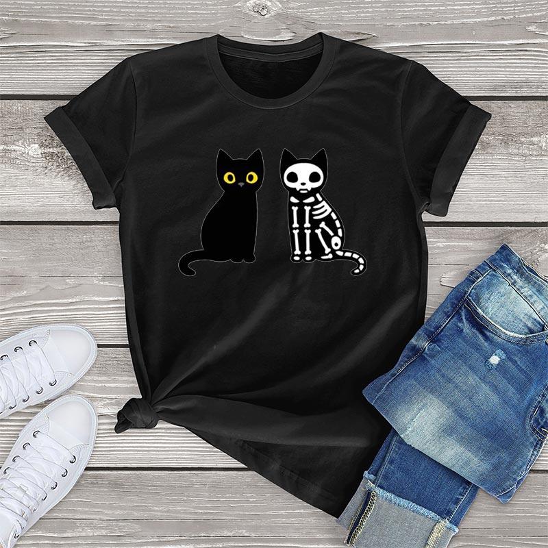 Женские футболки с рисунком скелета кота на Хэллоуин, футболки унисекс с короткими рукавами, кавайная одежда, топы в стиле Харадзюку, женские футболки больших размеров