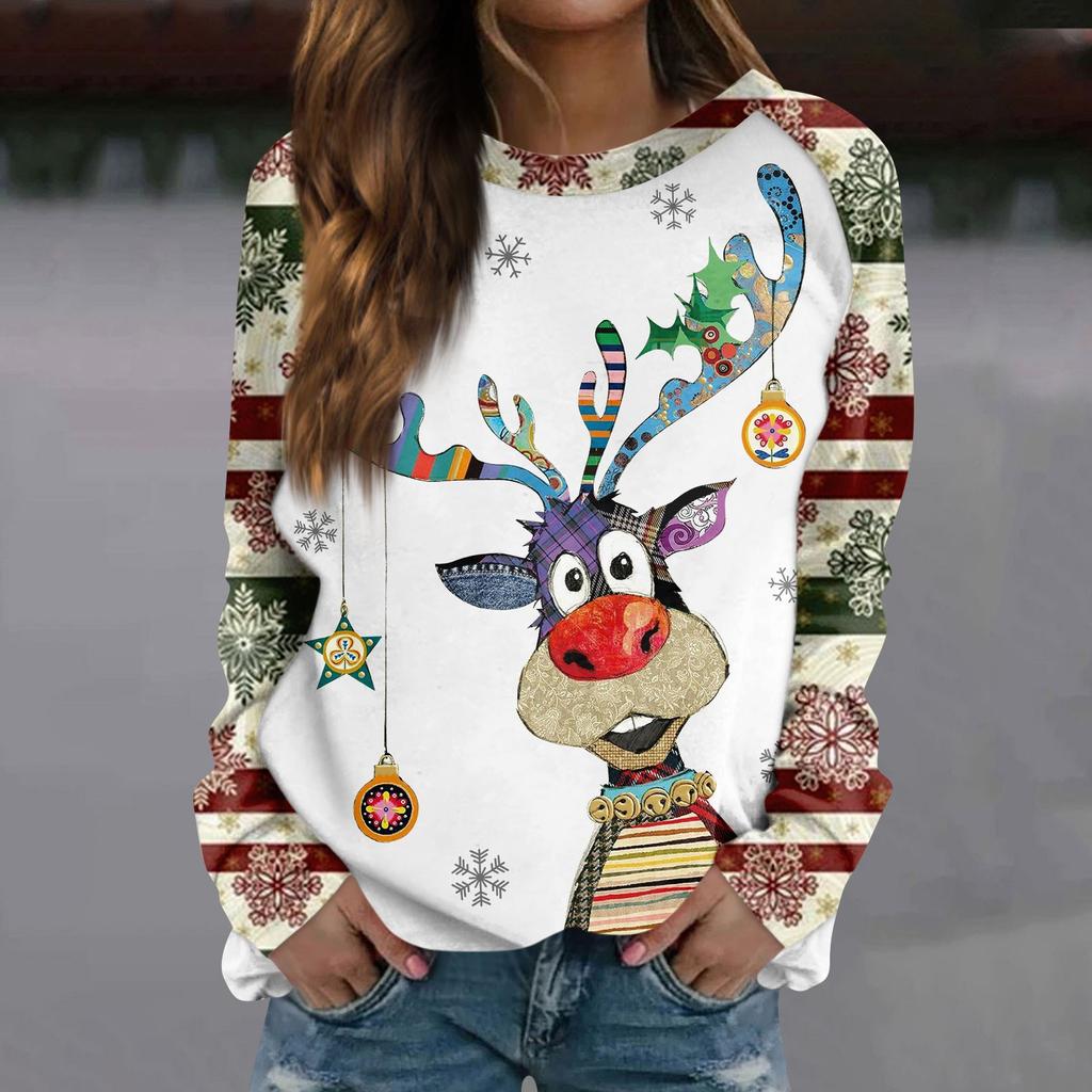 Женская модная повседневная толстовка с круглым вырезом и длинным рукавом с рождественским принтом и рукавом реглан