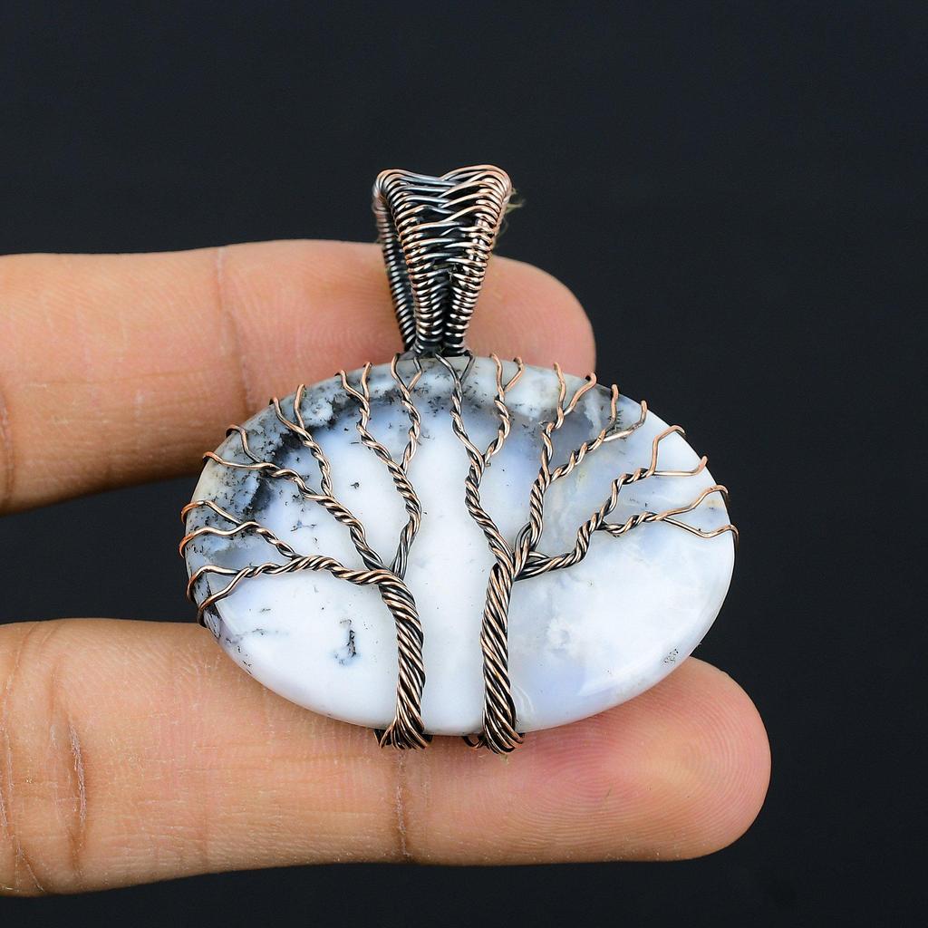 Double Tree Of Life Dendrite Opal Gemstone Copper Wire Wrap Handmade Pendant Jewelry Indian Jewelry For Her
