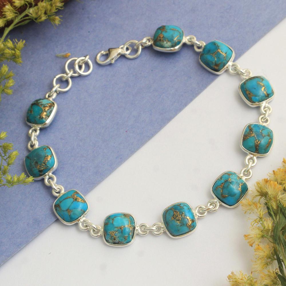 Браслет ручной работы из стерлингового серебра 925 пробы с синим медным бирюзовым драгоценным камнем. Массивные ювелирные изделия.