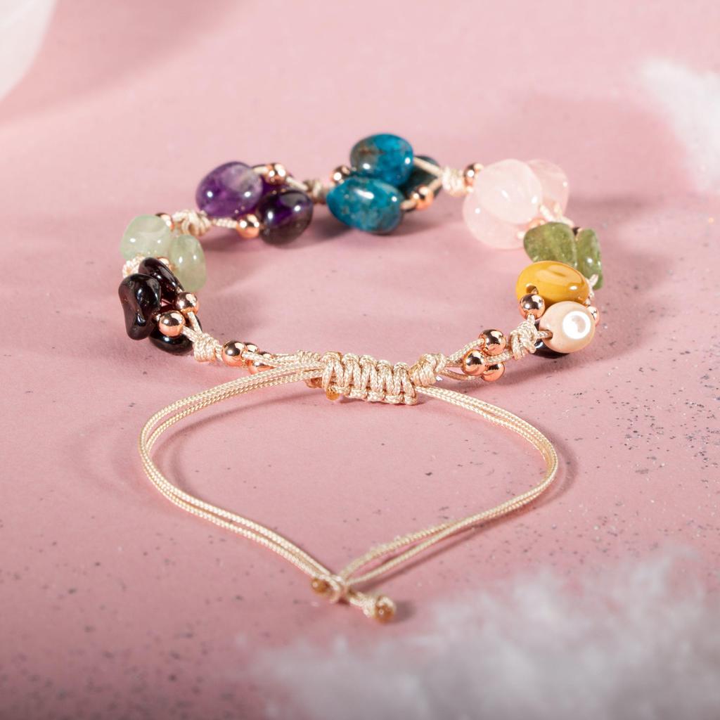 Браслет Девы Аметист, бордовый красный гранат, гранат, яшма, синий апатит, розовый кварц, зеленый авантюрин, зеберцет (перидот)