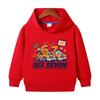 Casual hooded sweatshirt for kids featuring a cartoon car graphic, prints of the numbers "6" and "7," and long sleeves.