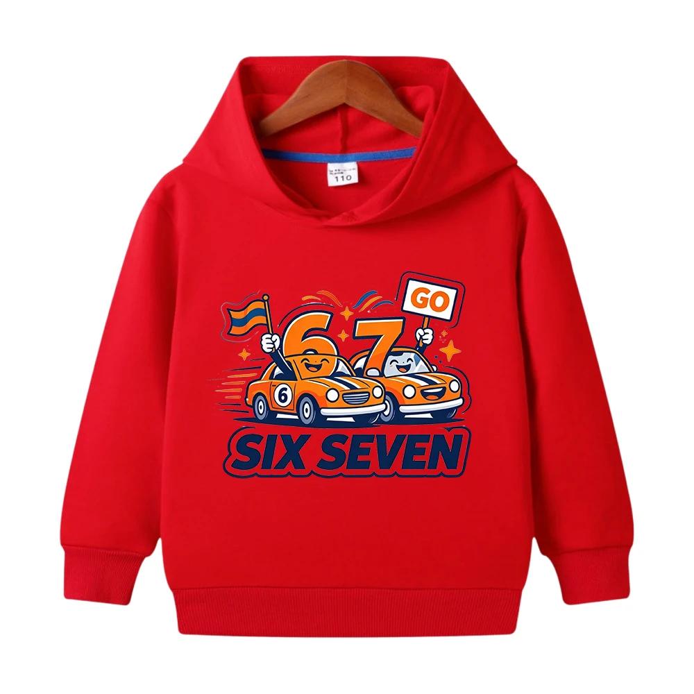 Casual hooded sweatshirt for kids featuring a cartoon car graphic, prints of the numbers "6" and "7," and long sleeves.