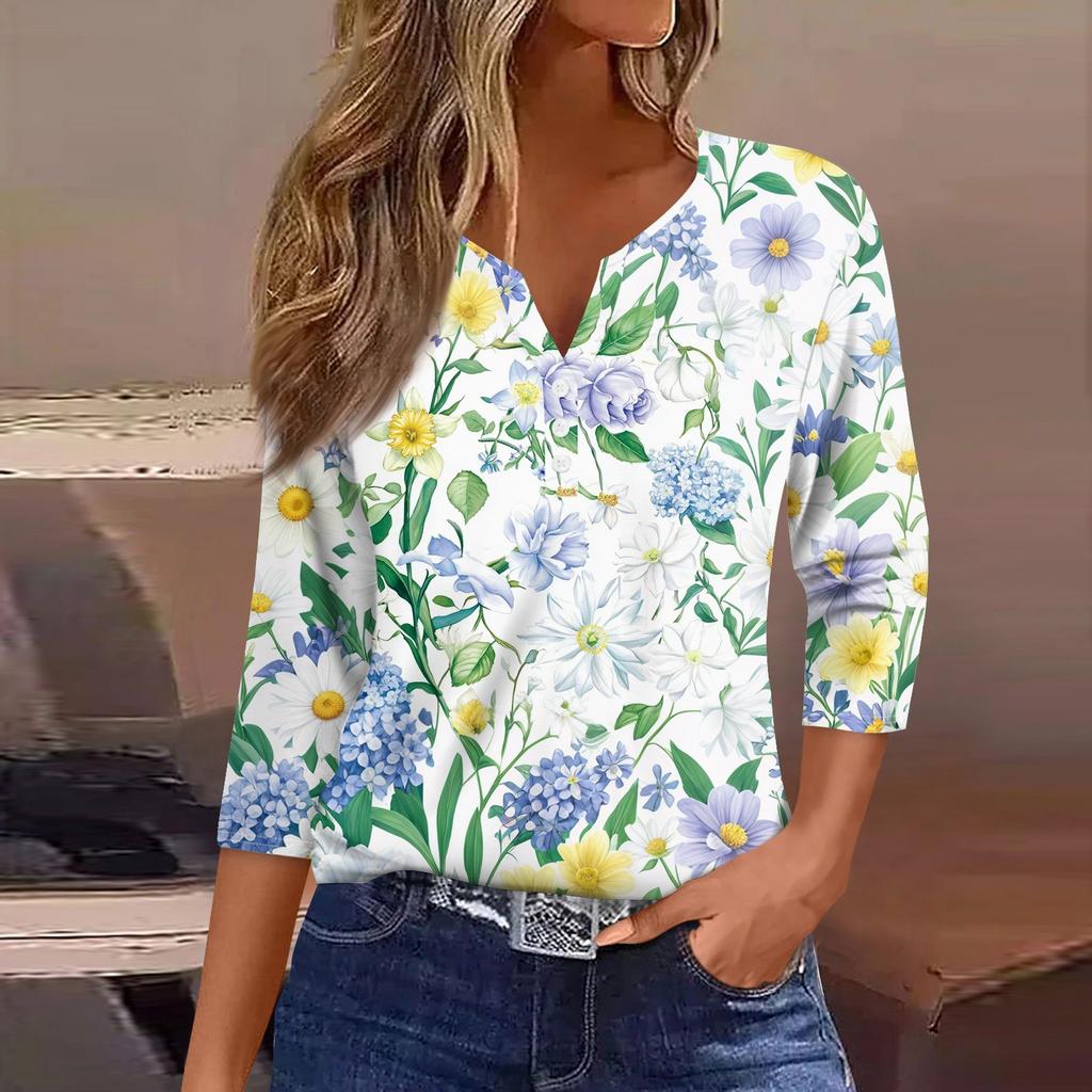Women's T Shirt Print Button 3/4 Sleeve Daily Weekend Fashion Basic V- Neck Regular Top