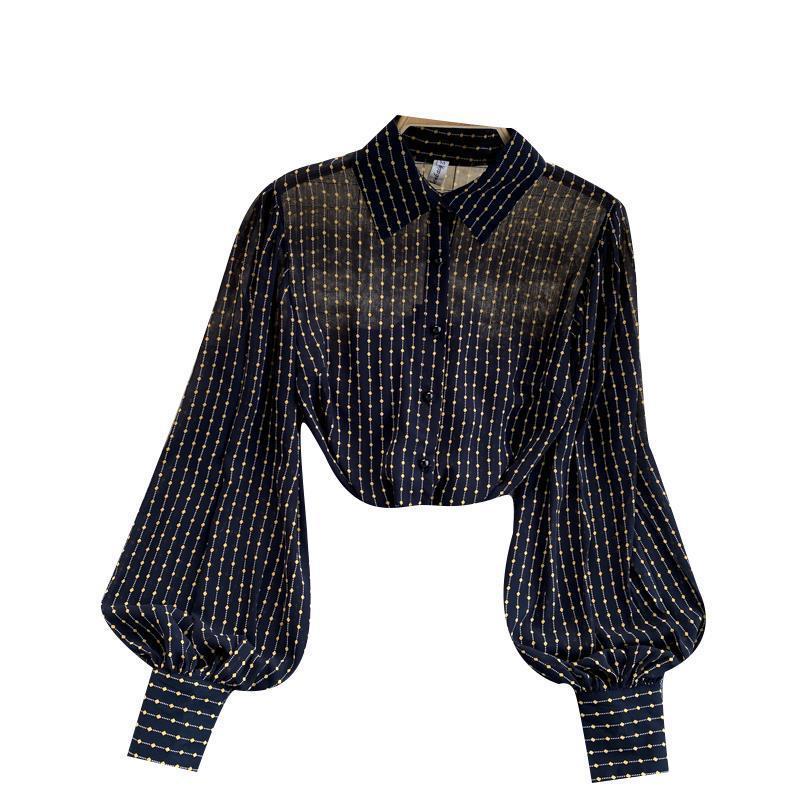 Шифоновая рубашка с длинными рукавами, женская французская винтажная свободная женская рубашка с рукавами-фонариками, топ в горошек