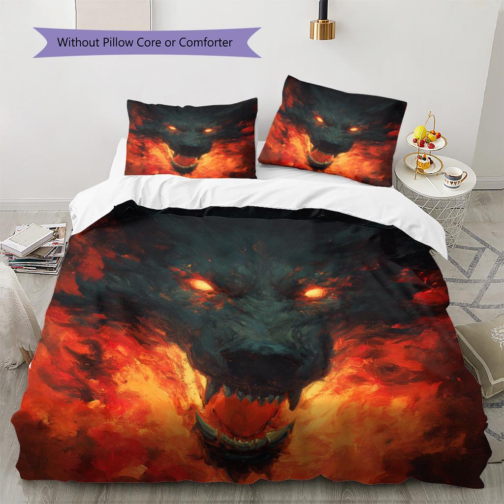 Flame Wolf Pattern Bedding Quilt Set Quilt Cover Pillowcase Home Decoration Gift (1 * duvet cover + 2 * pillowcase, without core)
